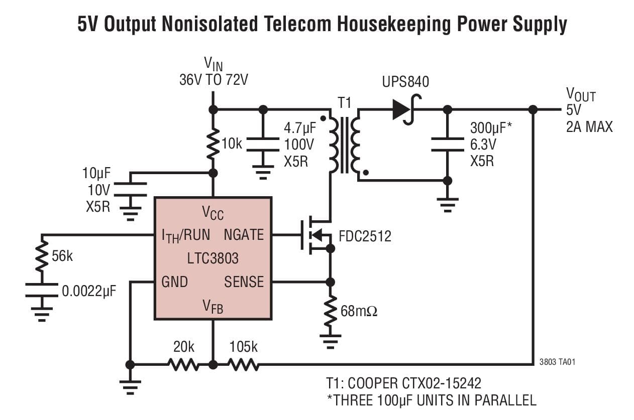 Typical Application for LTC3803 - Constant Frequency Current Mode Flyback DC/DC Controller in ThinSOT