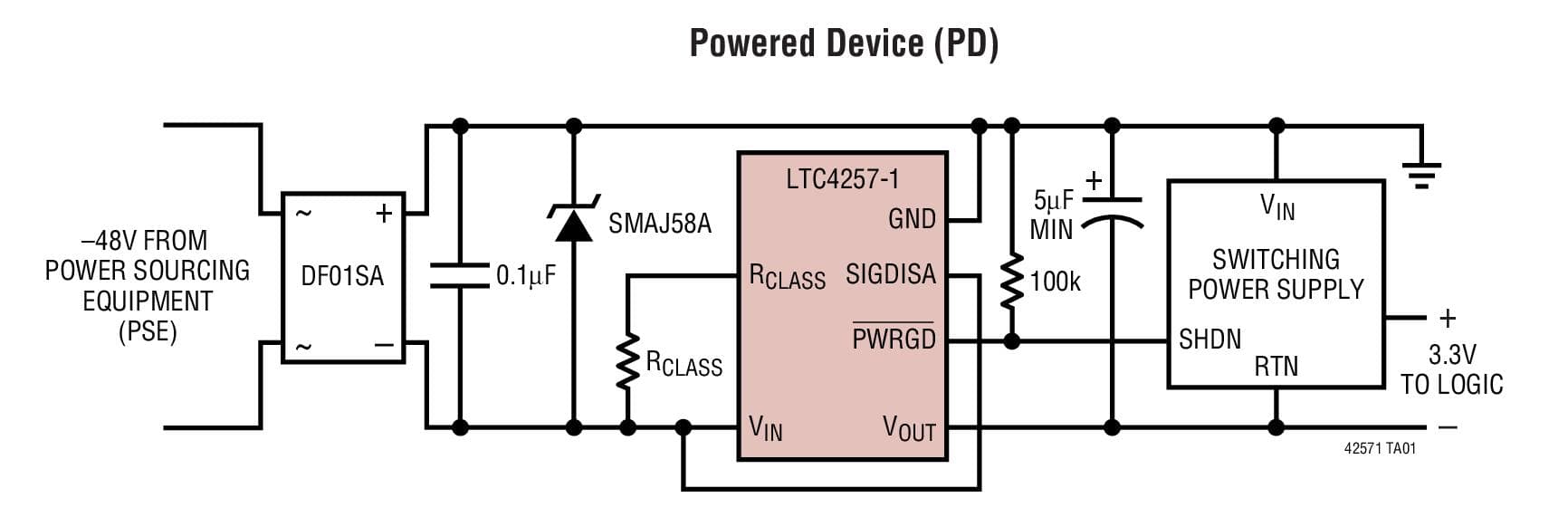 Typical Application for LTC4257-1 - IEEE 802.3af PD Power over Ethernet Interface Controller with Dual Current Limit