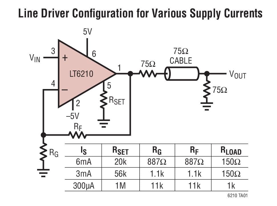 Typical Application for LT6210 Single Programmable Supply Current Feedback Amplifier