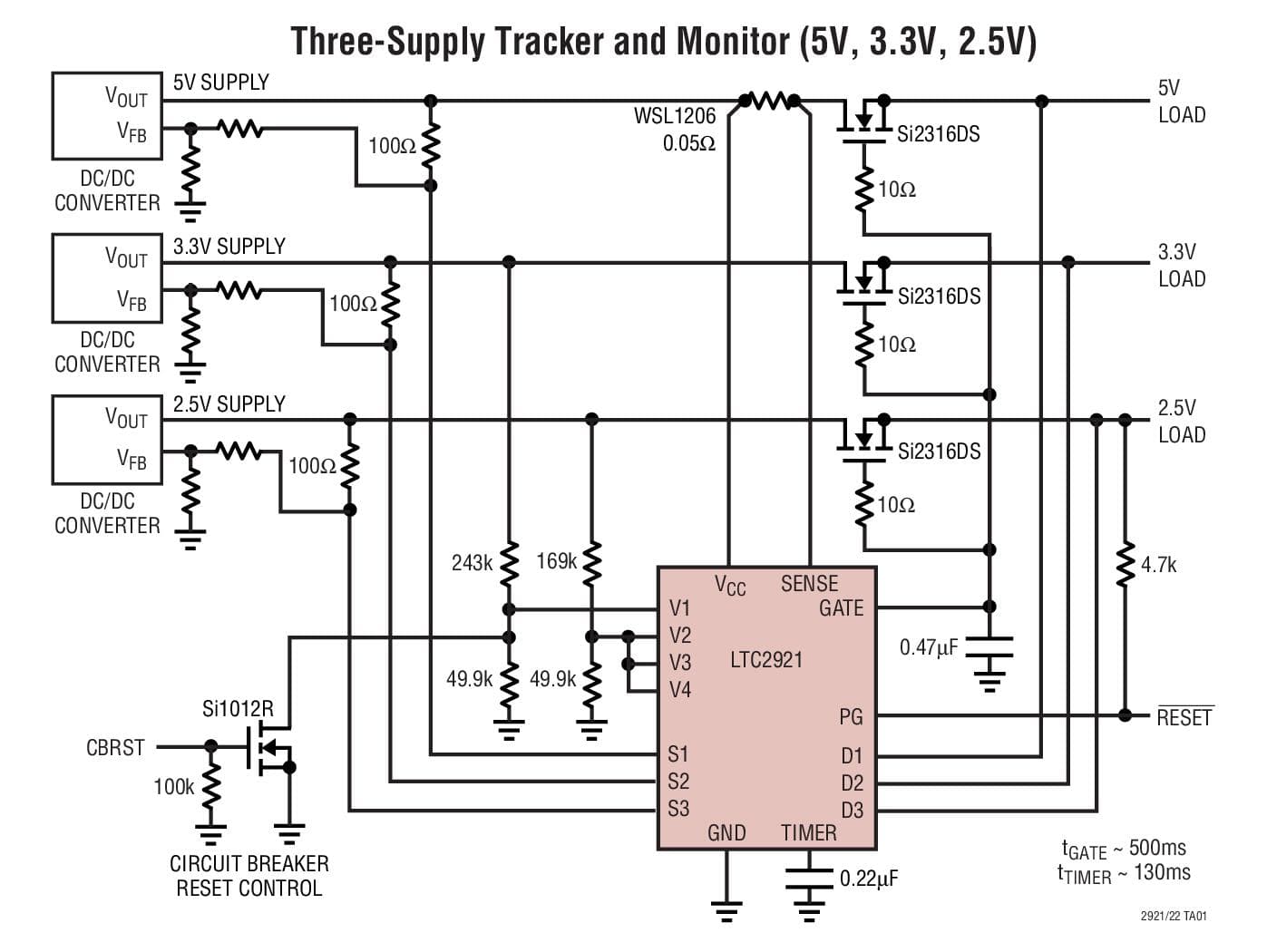 Typical Application for LTC2921 - Power Supply Tracker with Input Monitors