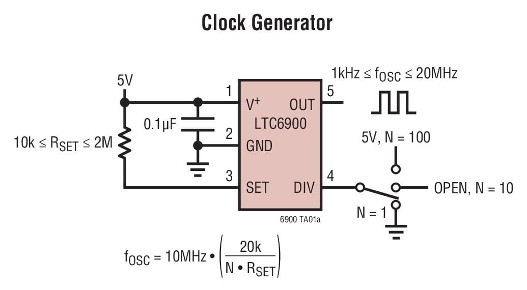 Typical Application for LTC6900 Low Power, 1kHz to 20MHz Resistor Set SOT-23 Oscillator