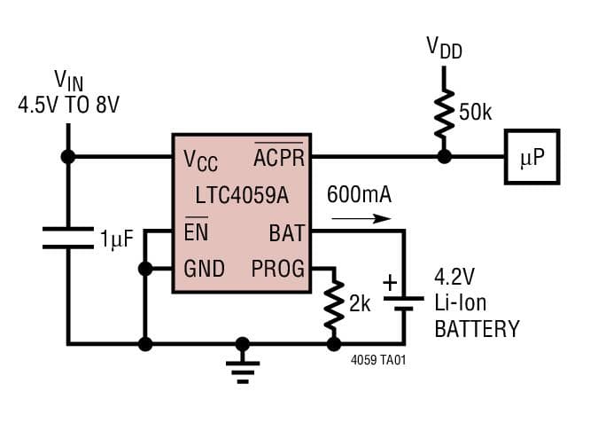 Typical Application for LTC4059/LTC4059A - 900mA Linear Li-Ion Battery Chargers with thermal Regulation in 2 -2 DFN