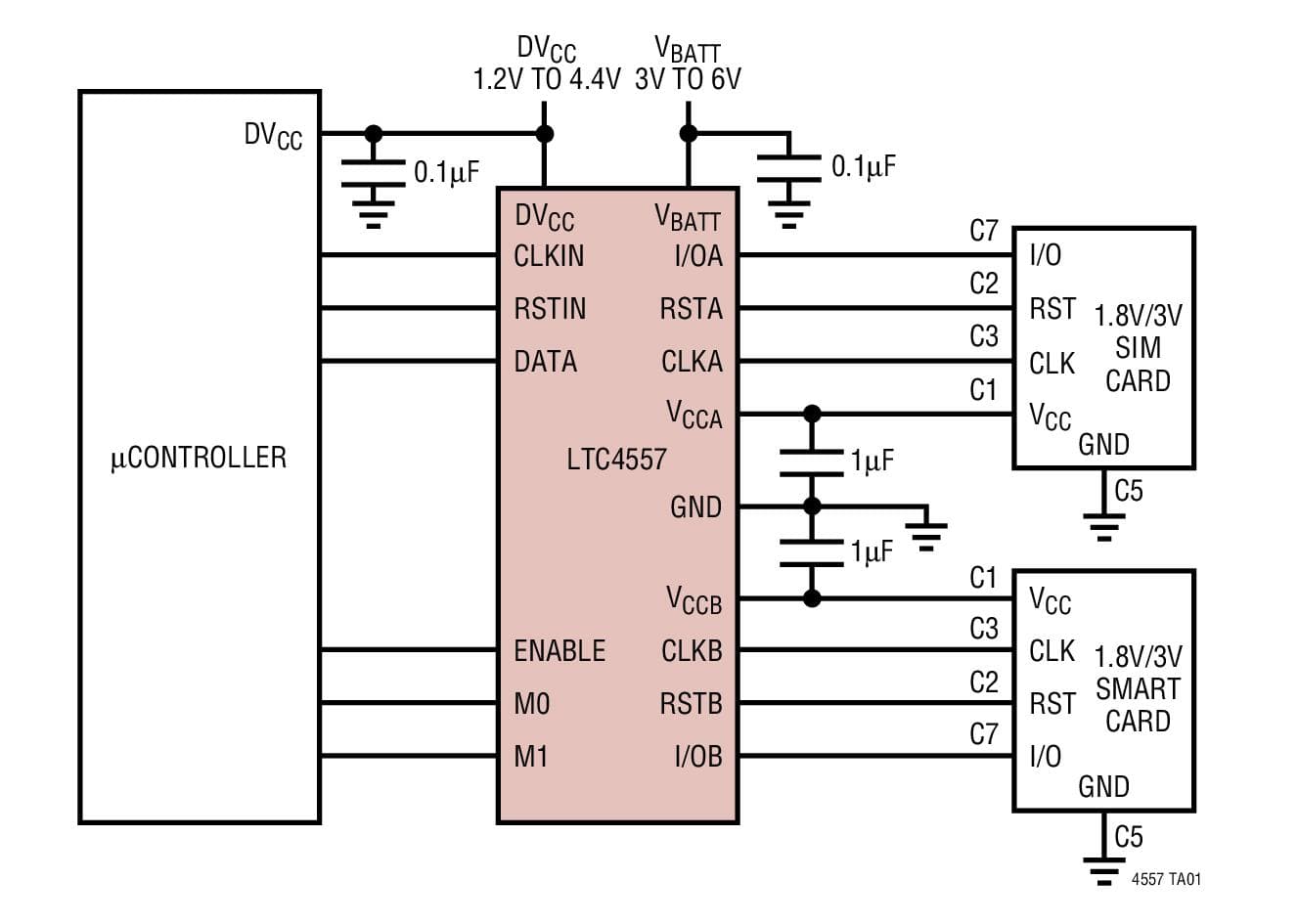 Typical Application for LTC4557 Dual SIM/Smart Card Power Supply and Interface