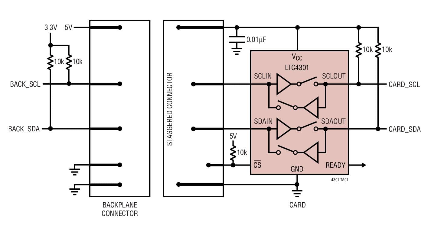 Typical Application for LTC4301 - Supply Independent Hot-Swappable 2-Wire Bus Buffer