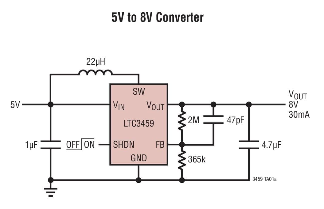 Typical Application for LTC3459 - 10V Micro-power Synchronous Boost Converter in ThinSOT