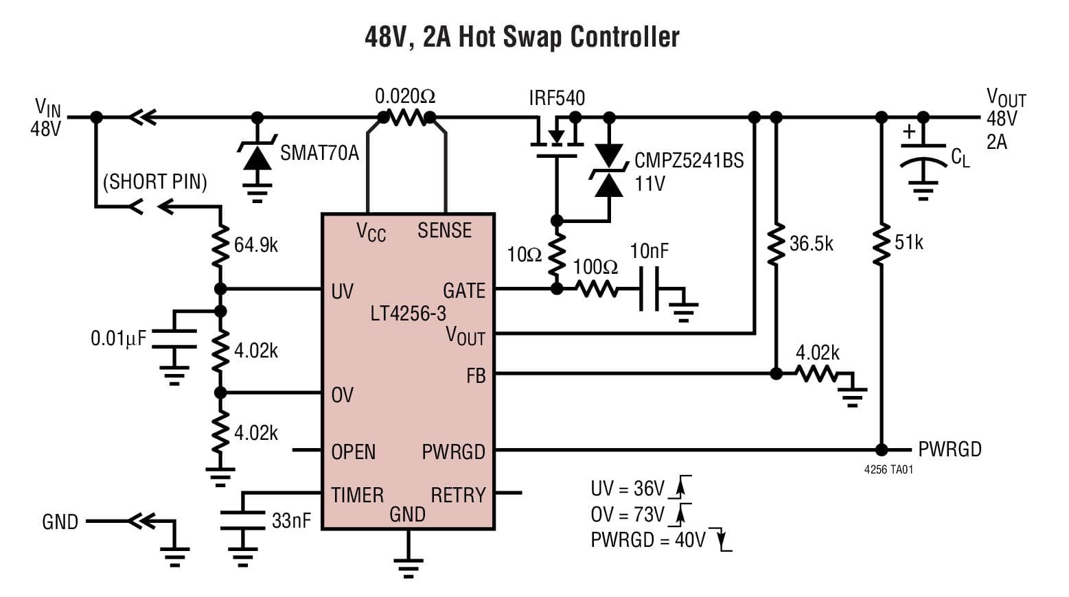 Typical Application for LT4256-3 Positive High Voltage Hot-Swap Controller with Open-Circuit Detect