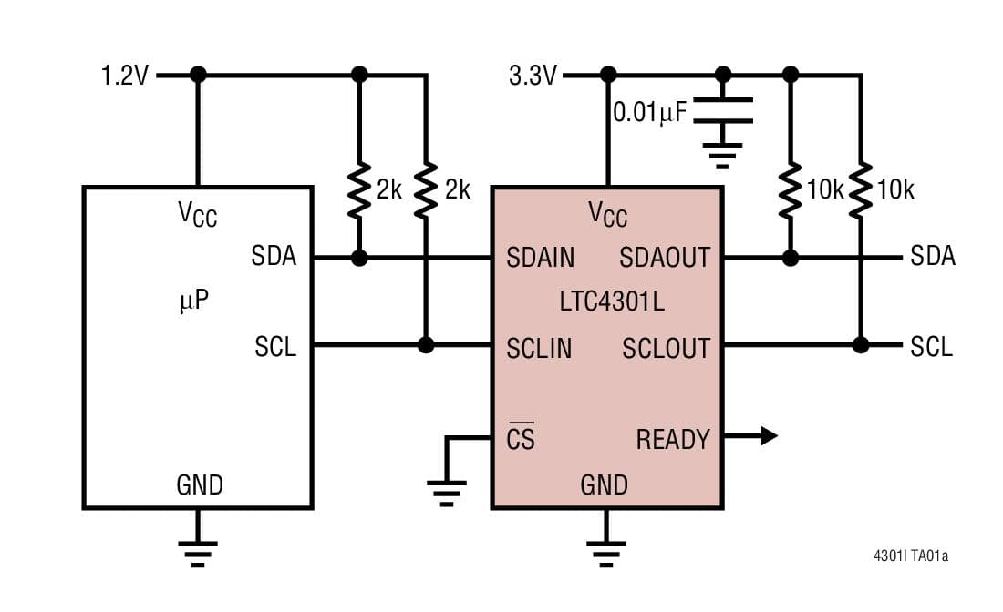 Typical Application for LTC4301L - Hot-Swappable 2-Wire Bus Buffer with Low Voltage Level Translation