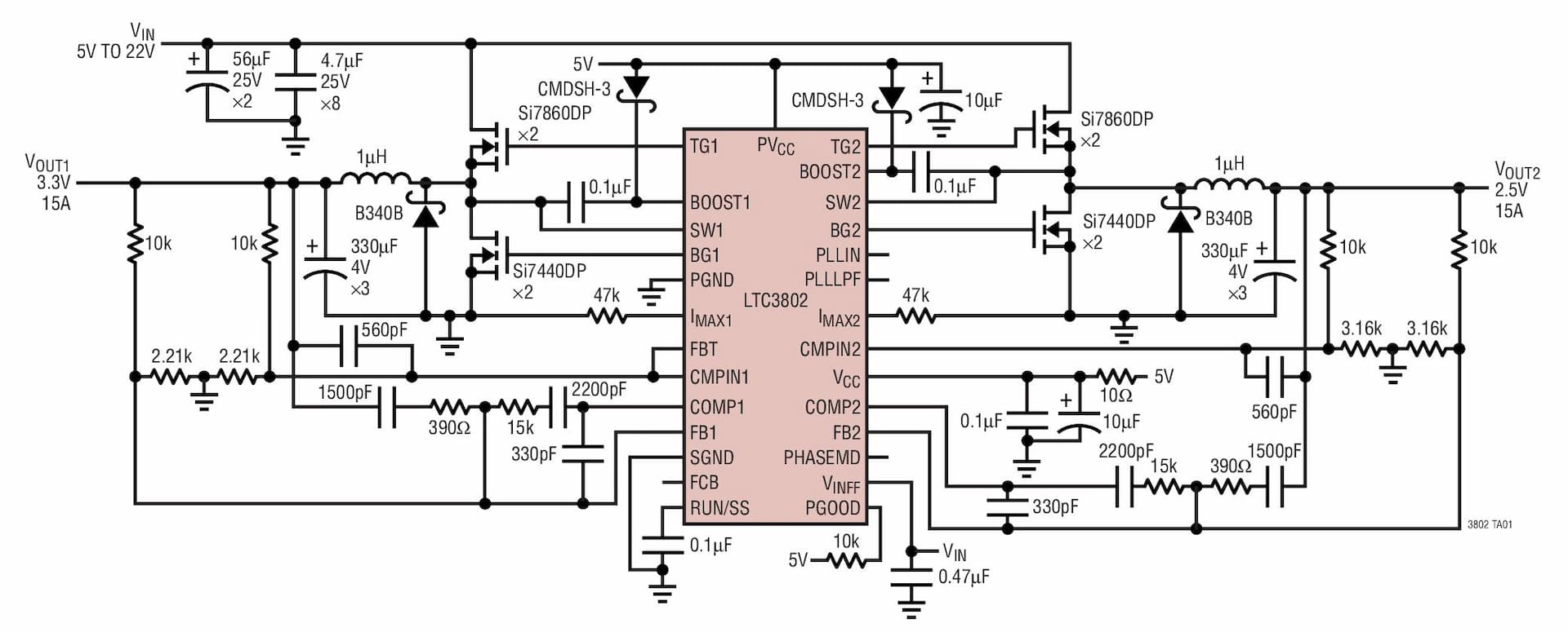 Typical Application for LTC3802 - Dual 550kHz Synchronous 2-Phase DC/DC Controller with Programmable Up/Down Tracking