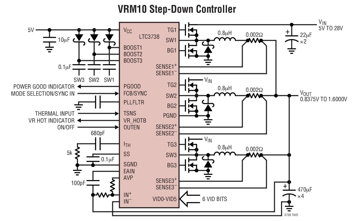 Typical Application for LTC3738 - 3-Phase Buck Controller for Intel VRM9/VRM10 with Active Voltage Positioning