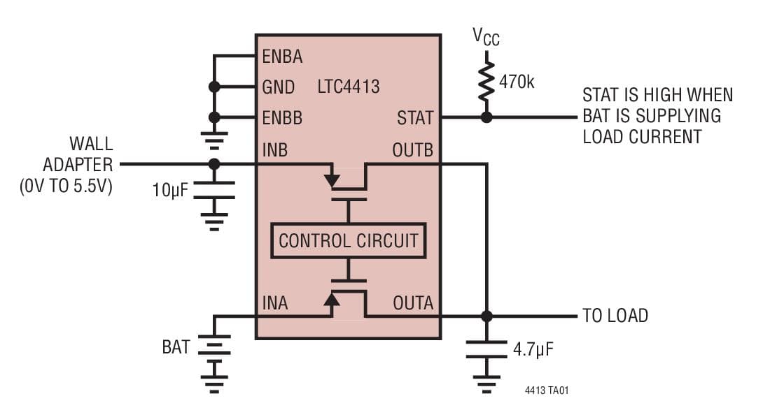 Typical Application for LTC4413 - Dual 2.6A, 2.5V to 5.5V, Ideal Diodes in 3mm-3mm DFN