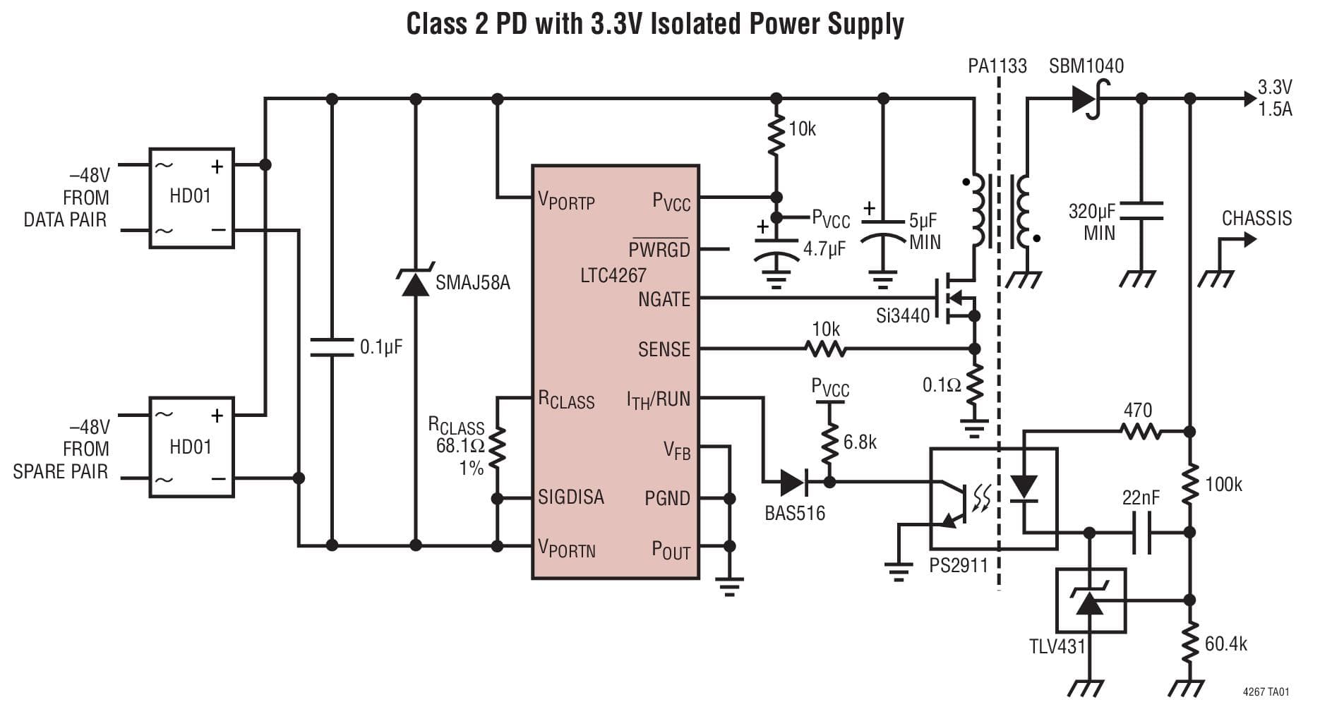 Typical Application for LTC4267 - Power over Ethernet IEEE 802.3af PD Interface with Integrated Switching Regulator