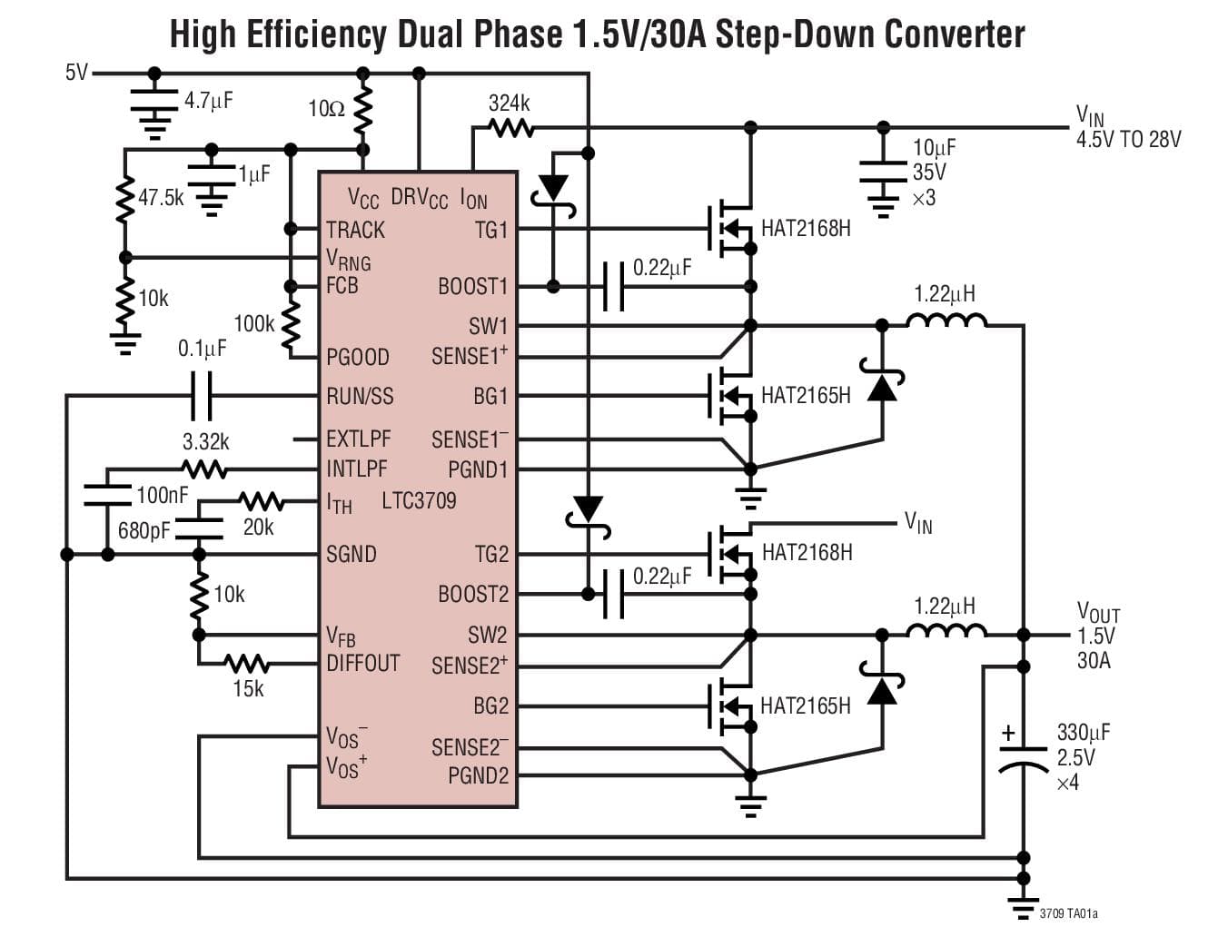 Typical Application for LTC3709 - Fast 2-Phase, No RSENSE Synchronous DC/DC Controller with Tracking/Sequencing