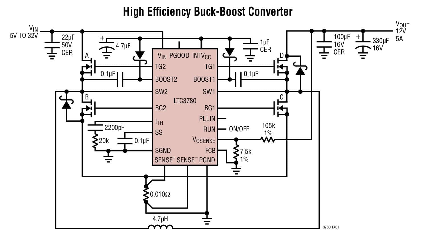 Typical Application for LTC3780 - High Efficiency, Synchronous, 4-Switch Buck-Boost Controller