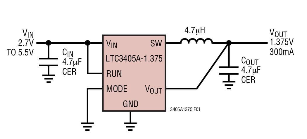 Typical Application for LTC3405A-1.375 - 1.375V, 1.5MHz, 300mA Synchronous Step-Down Regulators in ThinSOT