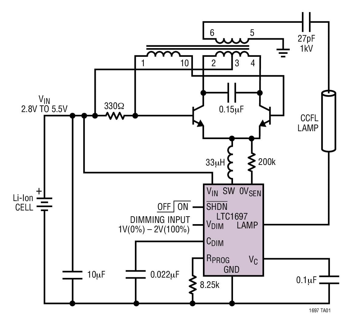 Typical Application for LTC1697 - High Efficiency Low Power 1W CCFL Switching Regulator