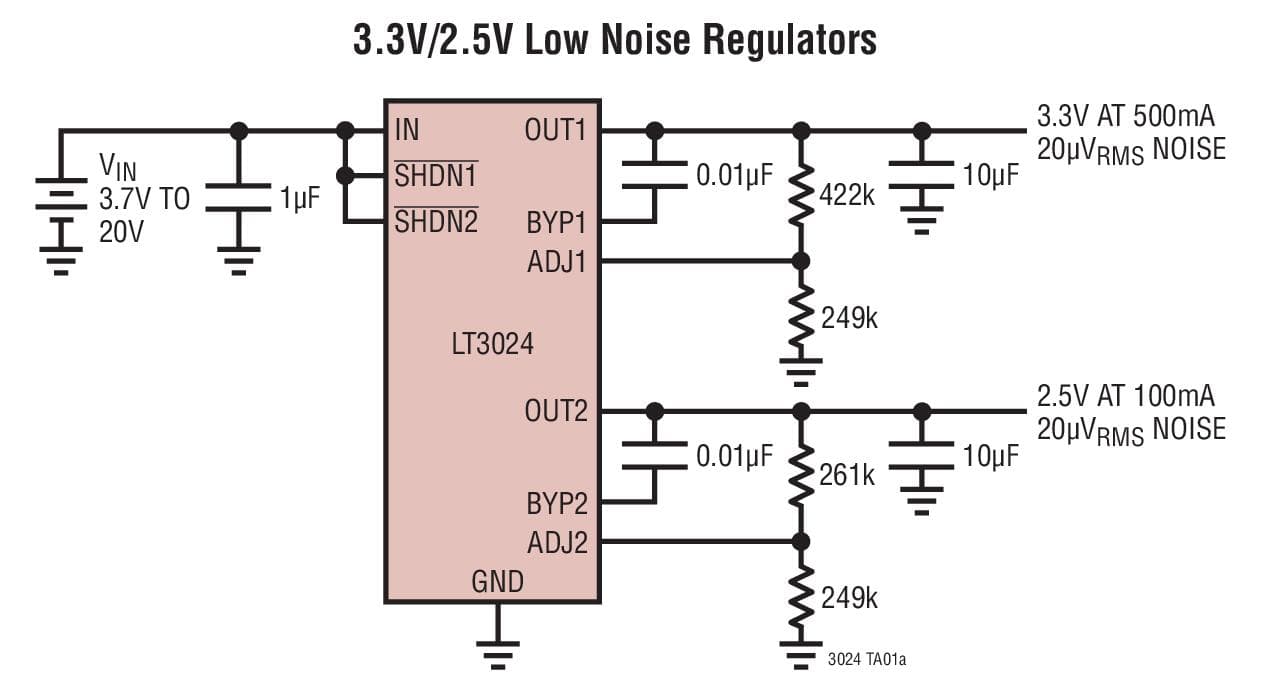 Typical Application for LT3024 - Dual 100mA/500mA Low Dropout, Low Noise, Micro-power Regulator