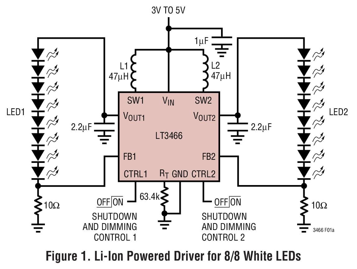 Typical Application for LT3466 Li-Ion Powered Driver for 8/8 White LEDs