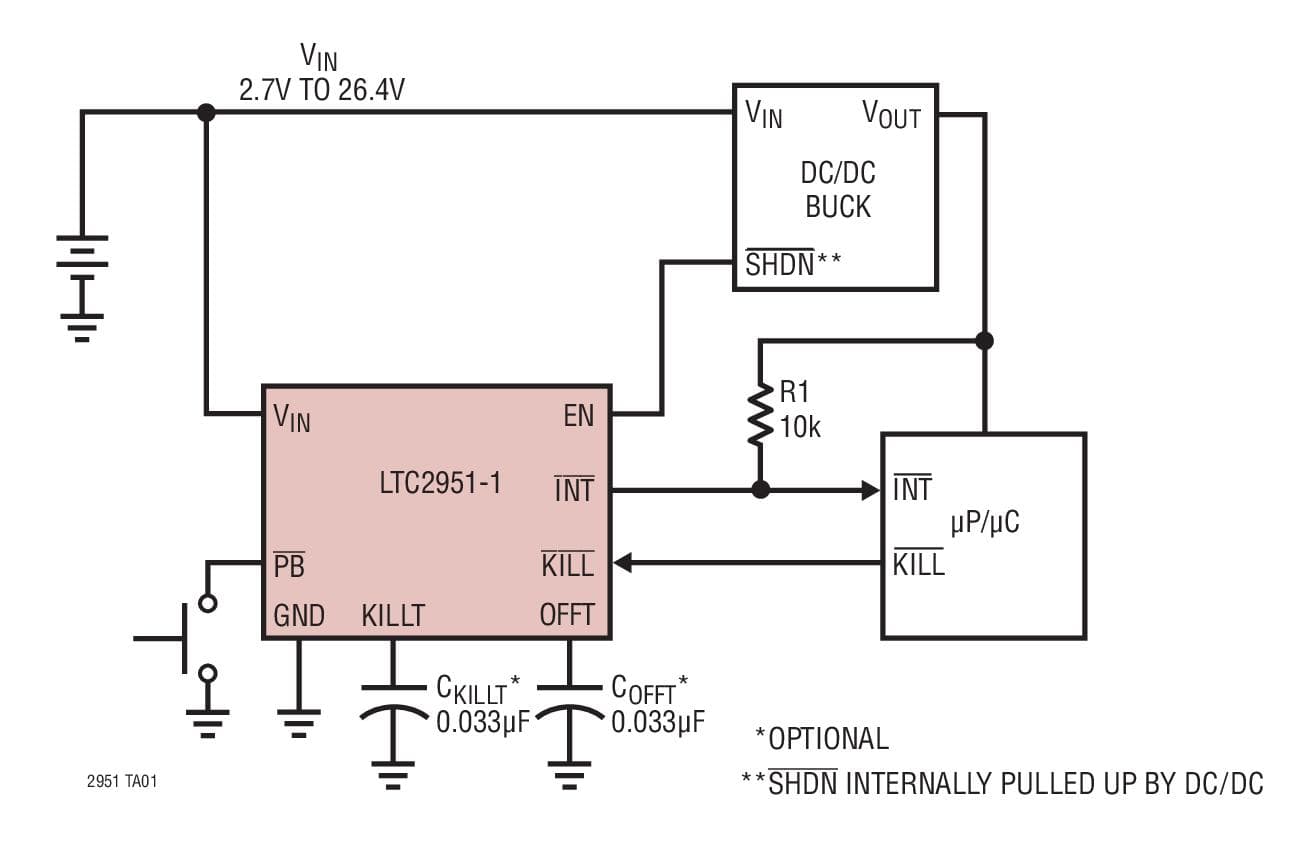 Typical Application for LTC2951-1/LTC2951-2 - Push-Button On/Off Controller