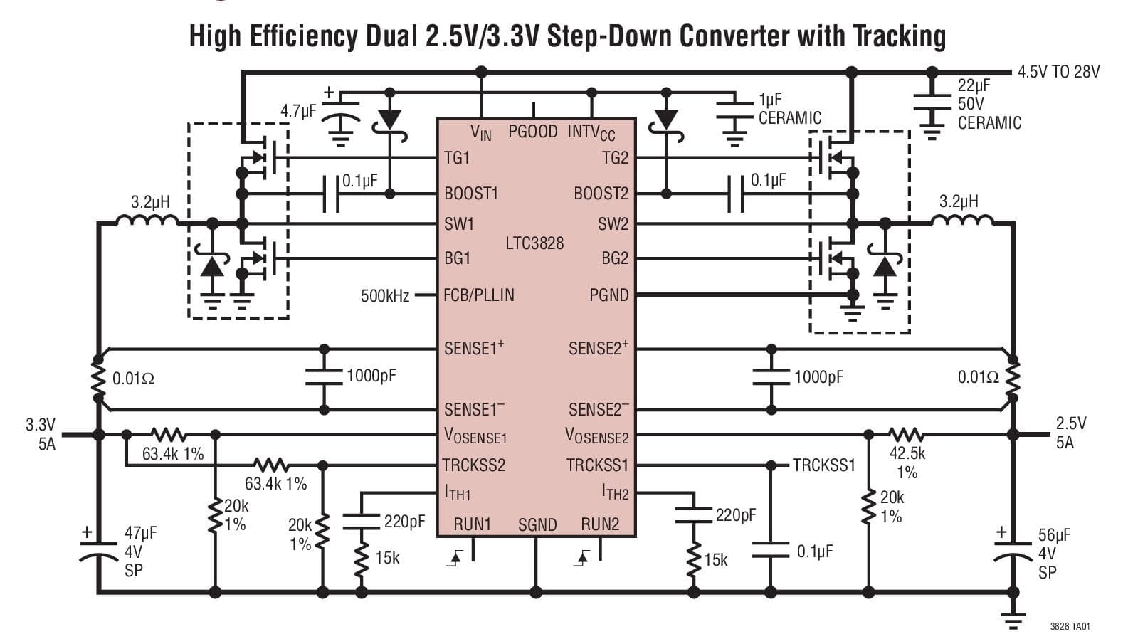 Typical Application for LTC3828 - Dual, 2-Phase Step-Down Controller with Tracking