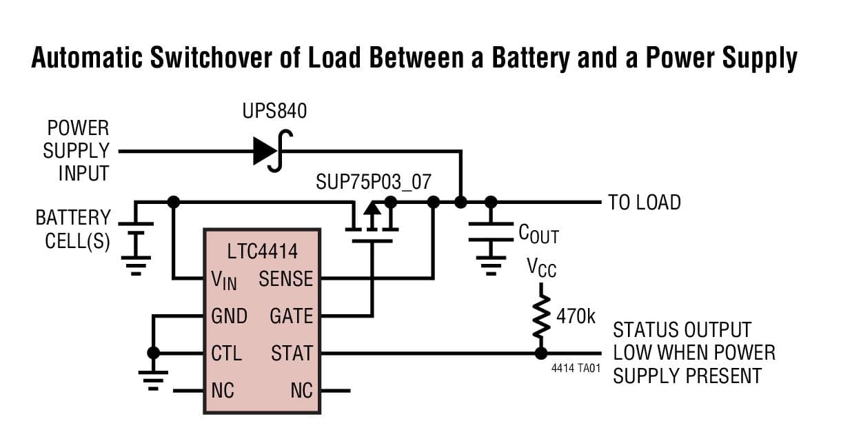 Typical Application for LTC4414 - 36V, Low Loss PowerPath Controller for Large PFETs