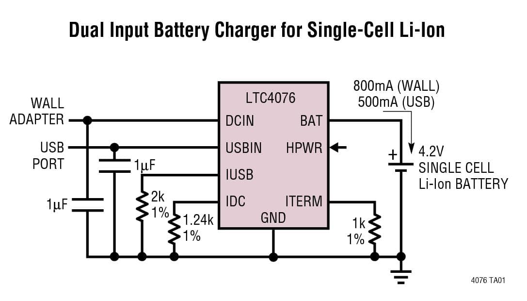 Typical Application for LTC4076 - Dual Input Standalone Battery Charger