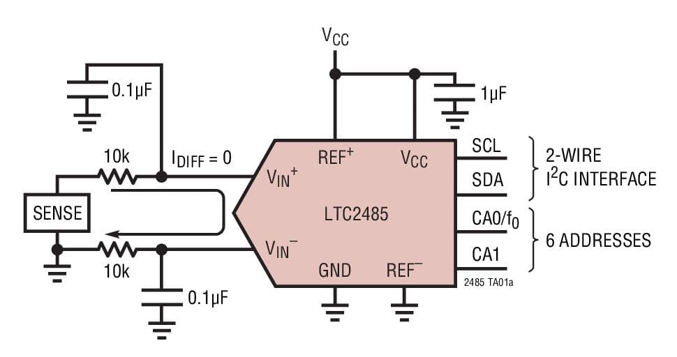 Typical Application for LTC2485, 24-Bit ADC with Easy Drive Input Current Cancellation and I2C Interface