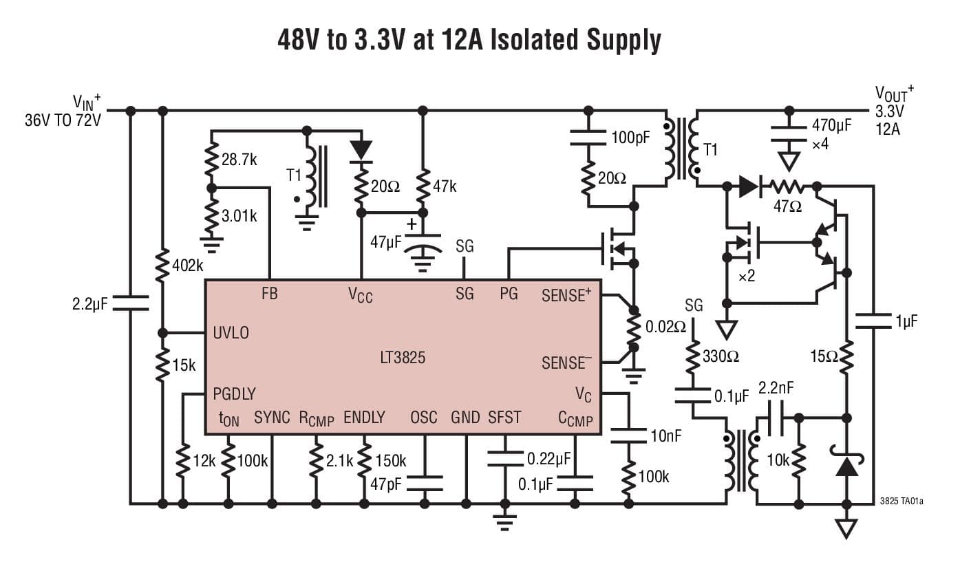 Typical Application for LT3825 - Isolated No-Opto Synchronous Flyback Controller with Wide Input Supply Range