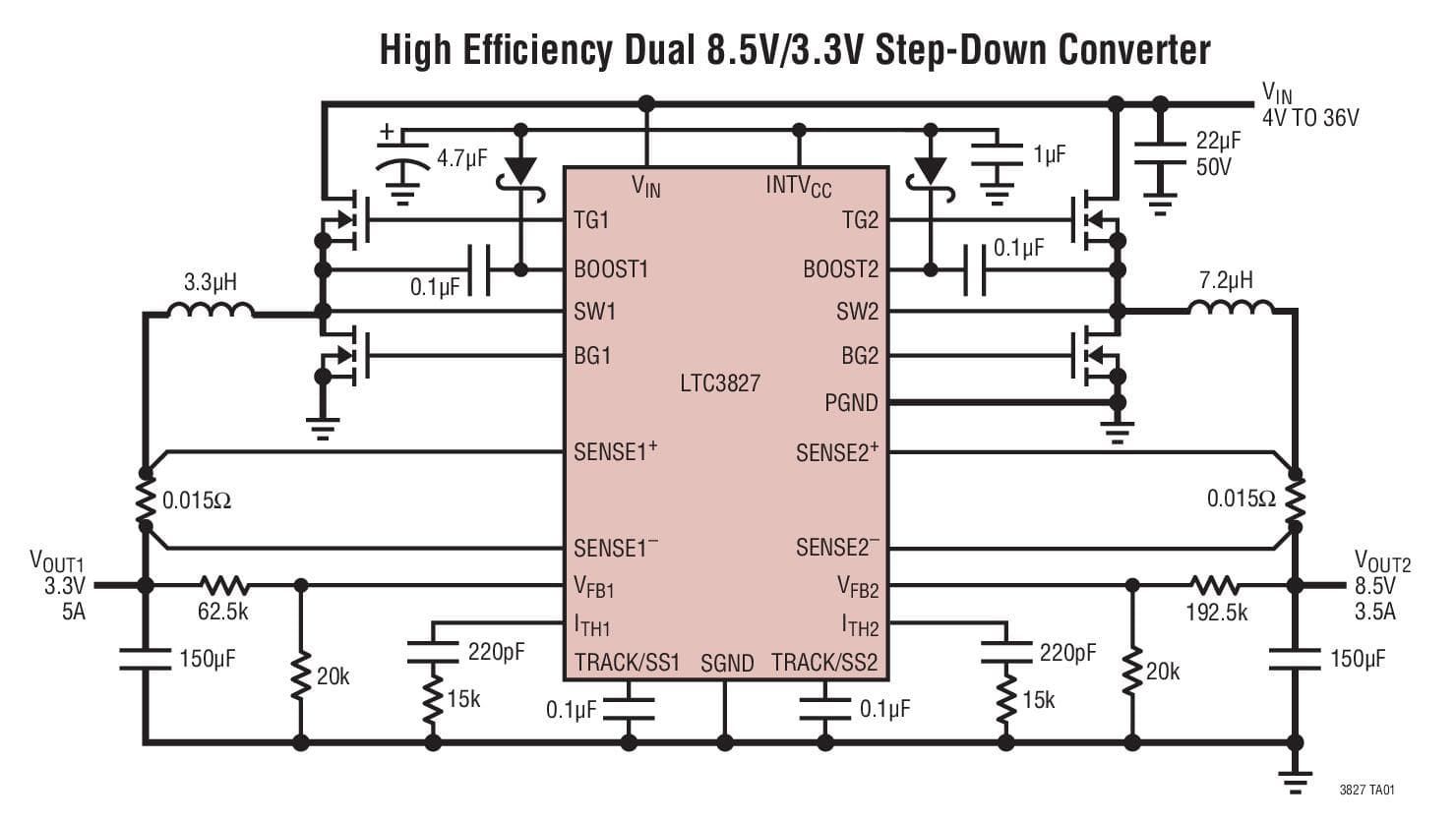 Typical Application for LTC3827 - Low IQ, Dual, 2-Phase Synchronous Step-Down Controller