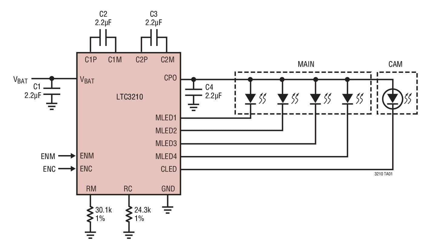 Typical Application for LTC3210 - MAIN/CAM LED Controller in 3mm -3mm QFN