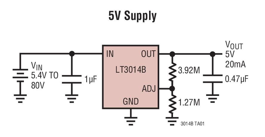 Typical Application for LT3014B - 20mA, 3V to 80V Low Dropout Micro-power Linear Regulator