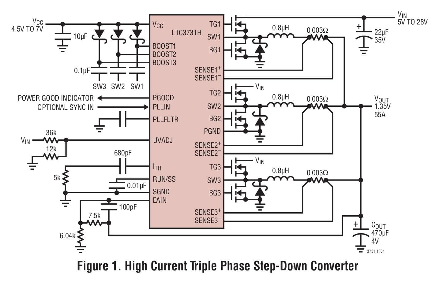 Typical Application for LTC3731H - 3-Phase, 600kHz, Synchronous Buck Switching Regulator Controller