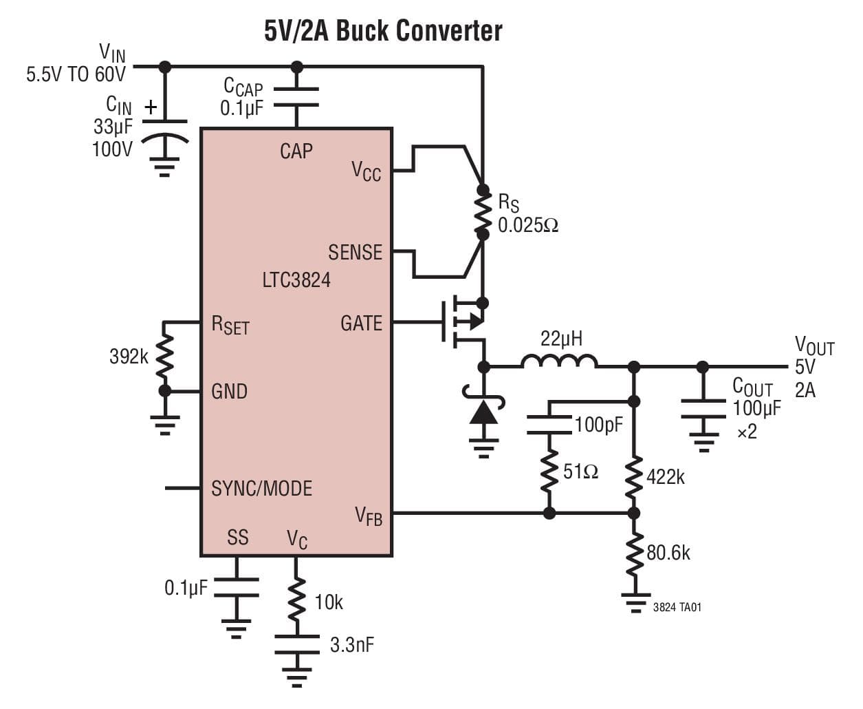 Typical Application for LTC3824 - High Voltage Step-Down Controller With 40 uA Quiescent Current