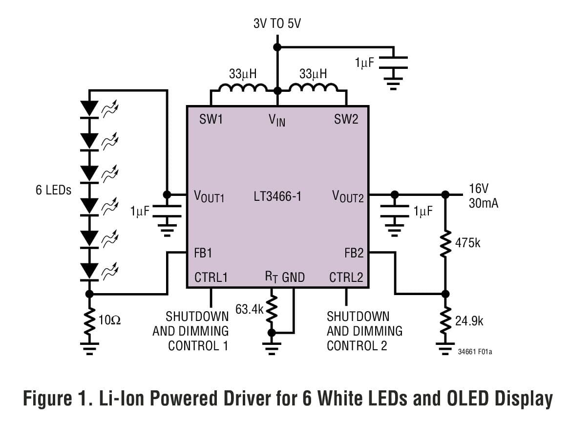 Typical Application for LT3466-1 Li-Ion Powered Driver for 6 White LEDs and OLED Display