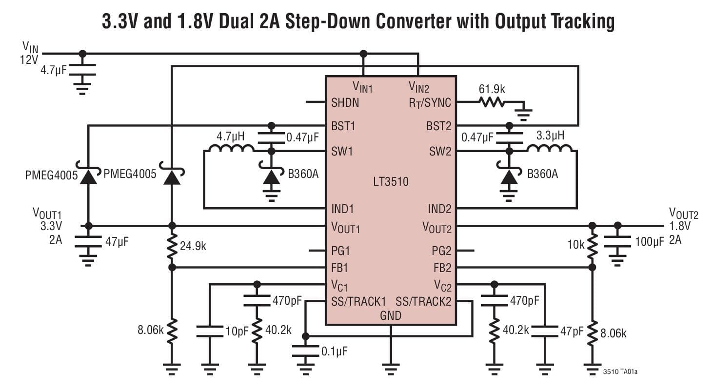 Typical Application for LT3510 - Monolithic Dual Tracking 2A Step-Down Switching Regulator