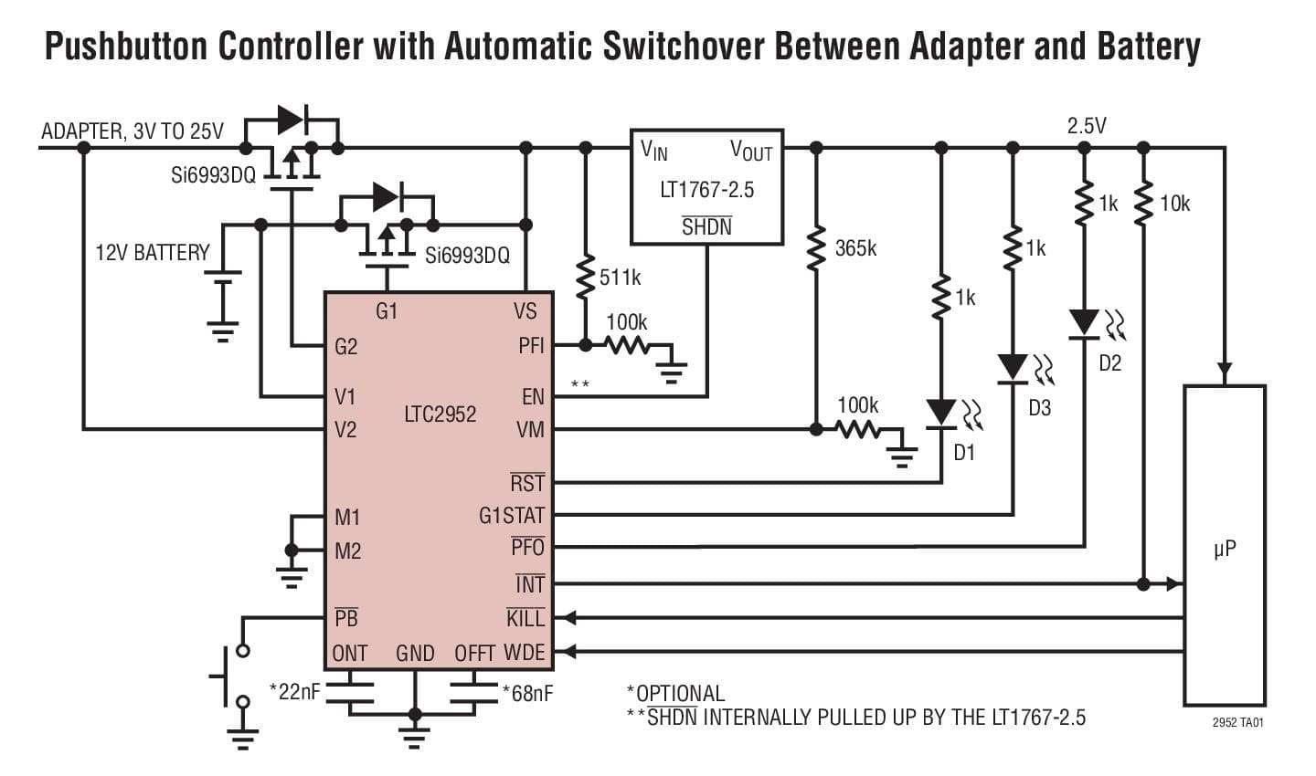 Typical Application for LTC2952 - Push-Button PowerPath Controller with Supervisor