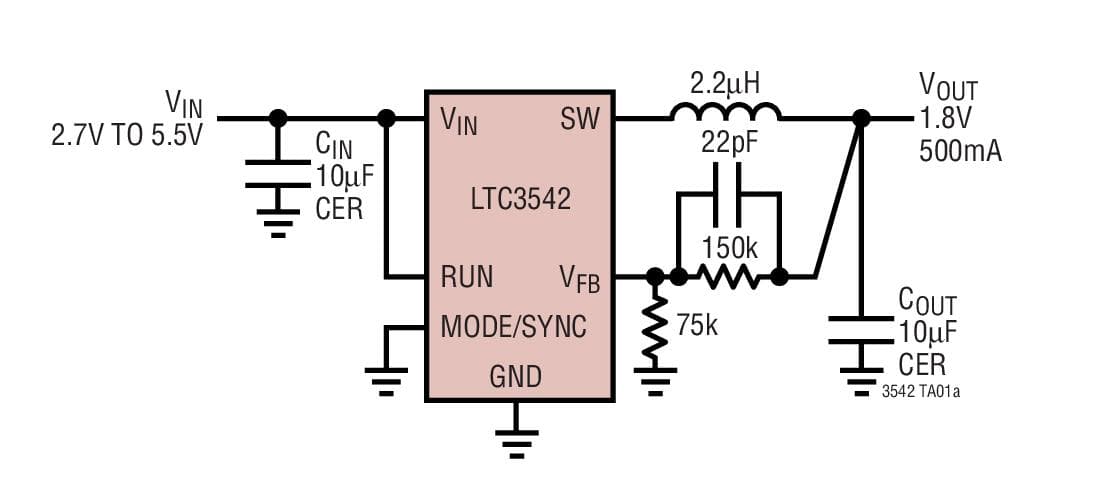 Typical Application for LTC3542 - 500mA, 2.25MHz Synchronous Step-Down DC/DC Converter