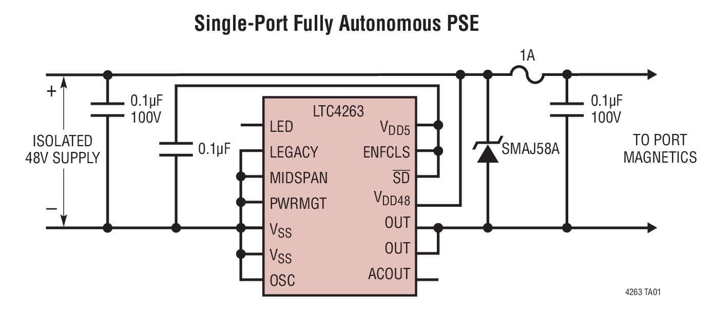 Typical Application for LTC4263 - Single IEEE 802.3af Compliant PSE Controller with Internal Switch