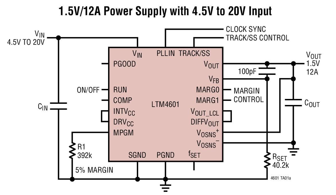 Typical Application for LTM4601/LTM4601-1 - 12A module Regulator with PLL, Output Tracking and Margining