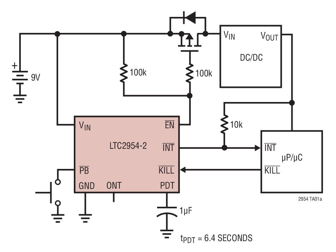 Typical Application for LTC2954 - Push-Button On/Off Controller with uP Interrupt