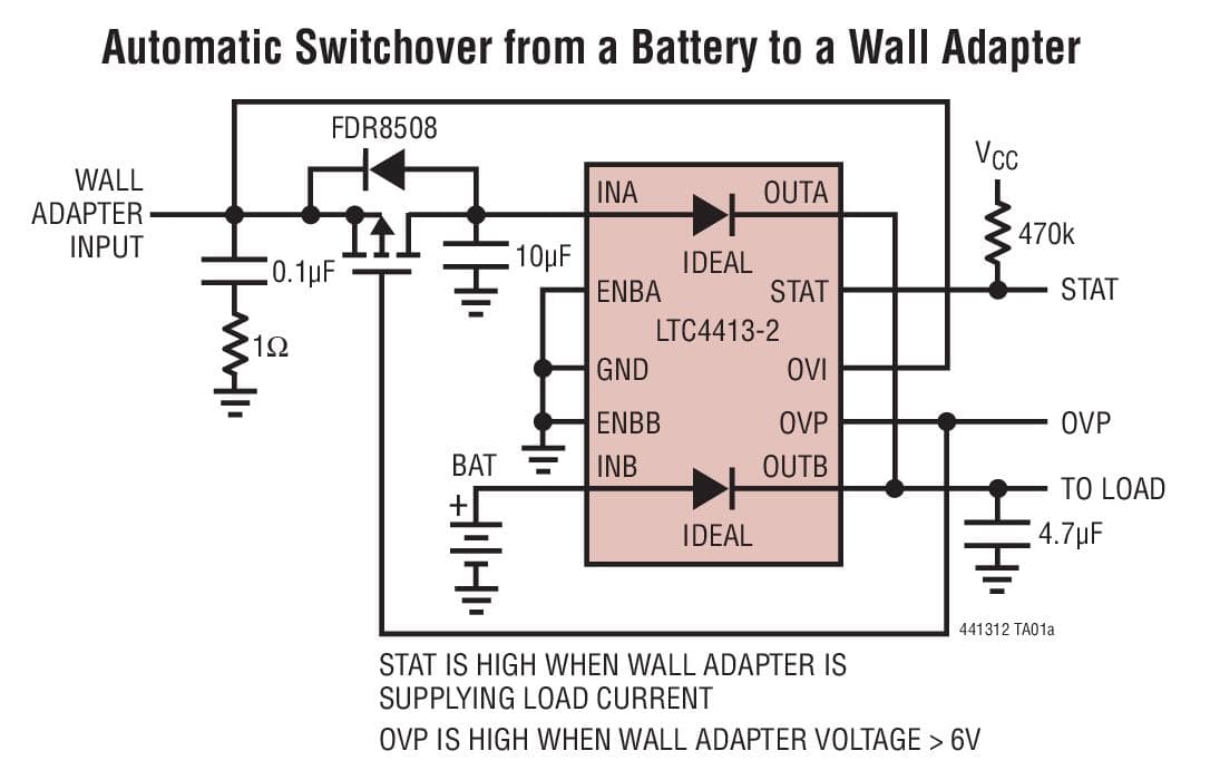 Typical Application for LTC4413-1 and -2 - Dual 2.6A, 2.5V to 5.5V Fast Ideal Diodes in a 3mm x 3mm DFN