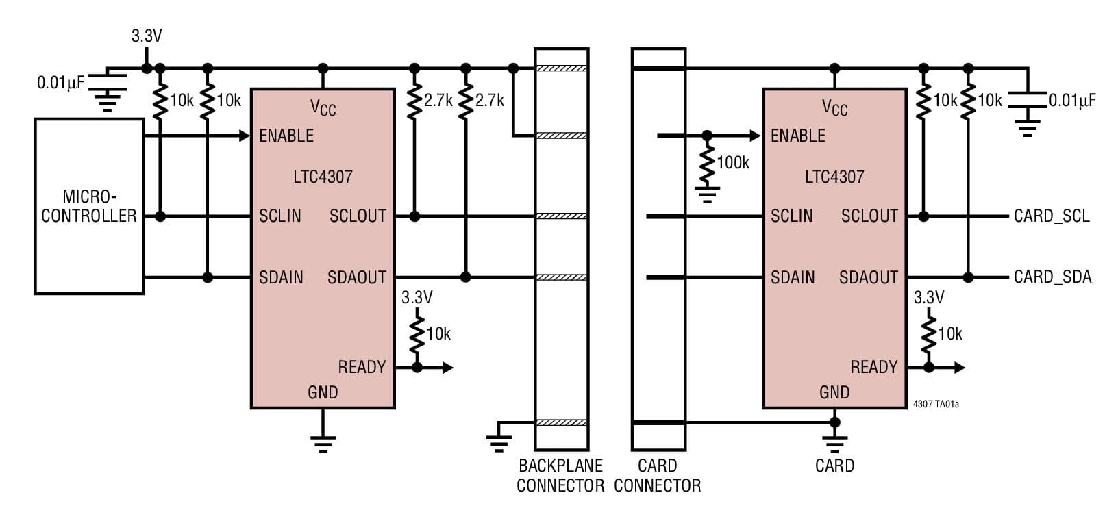 Typical Application for LTC4307 - Low Offset Hot-Swappable 2-Wire Bus Buffer with Stuck Bus Recovery