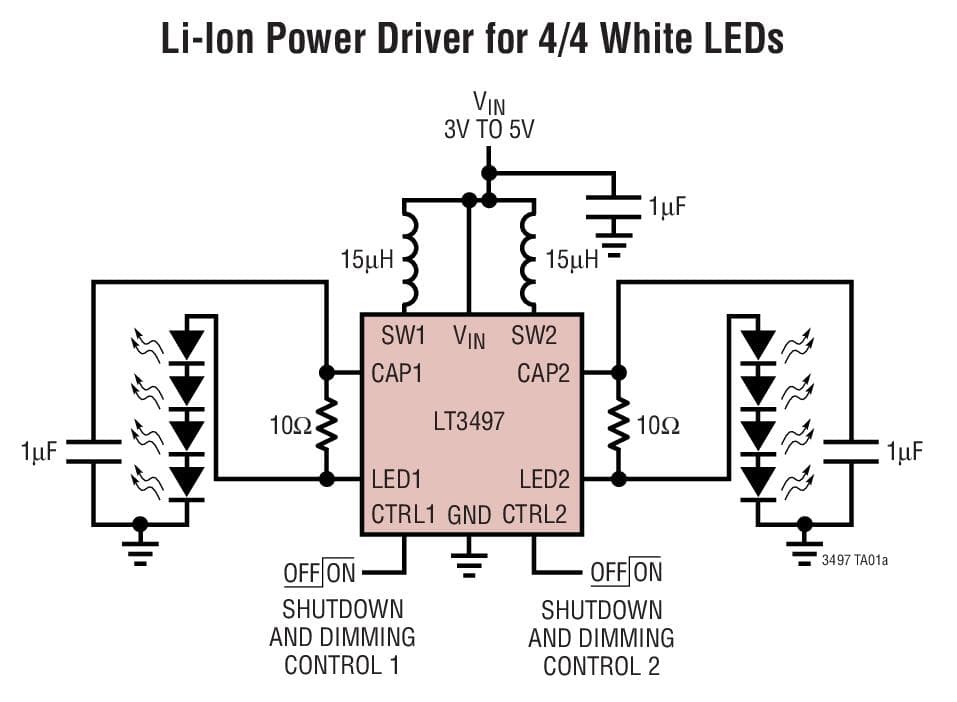 Typical Application for LT3497 Dual Full Function White LED Driver with Integrated Schottky Diodes