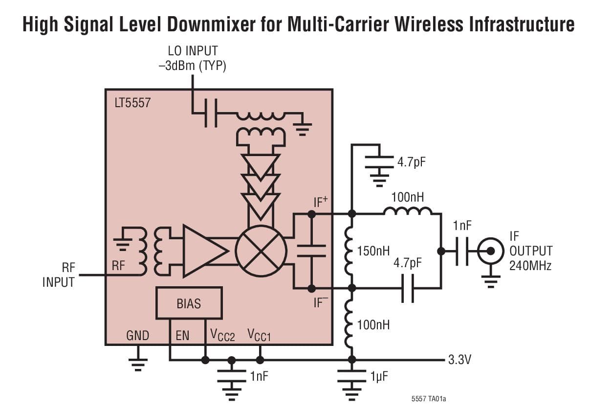 Typical Application for LT5557, 400MHz to 3.8GHz, 3.3V Active Down Converting Mixer