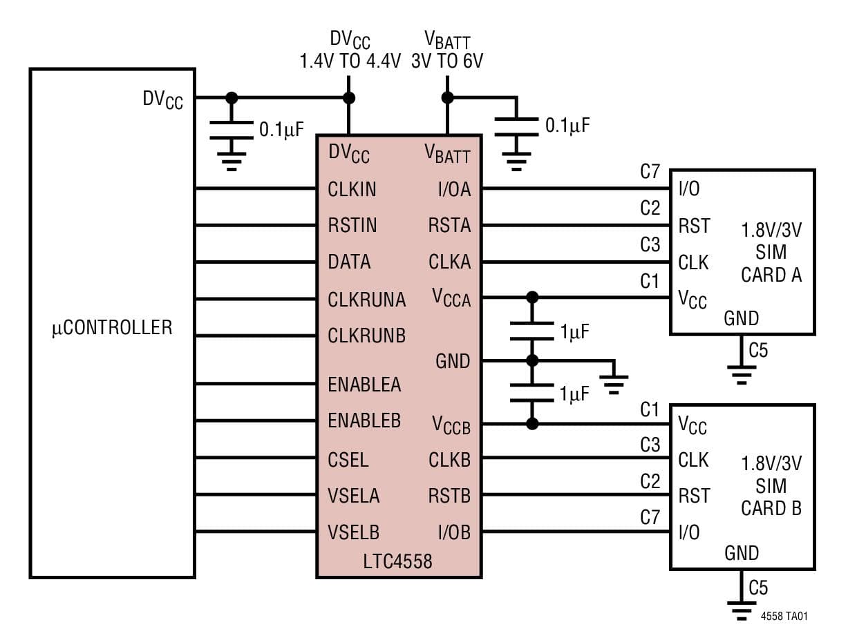 Typical Application for LTC4558 Dual SIM/Smart Card Power Supply and Interface