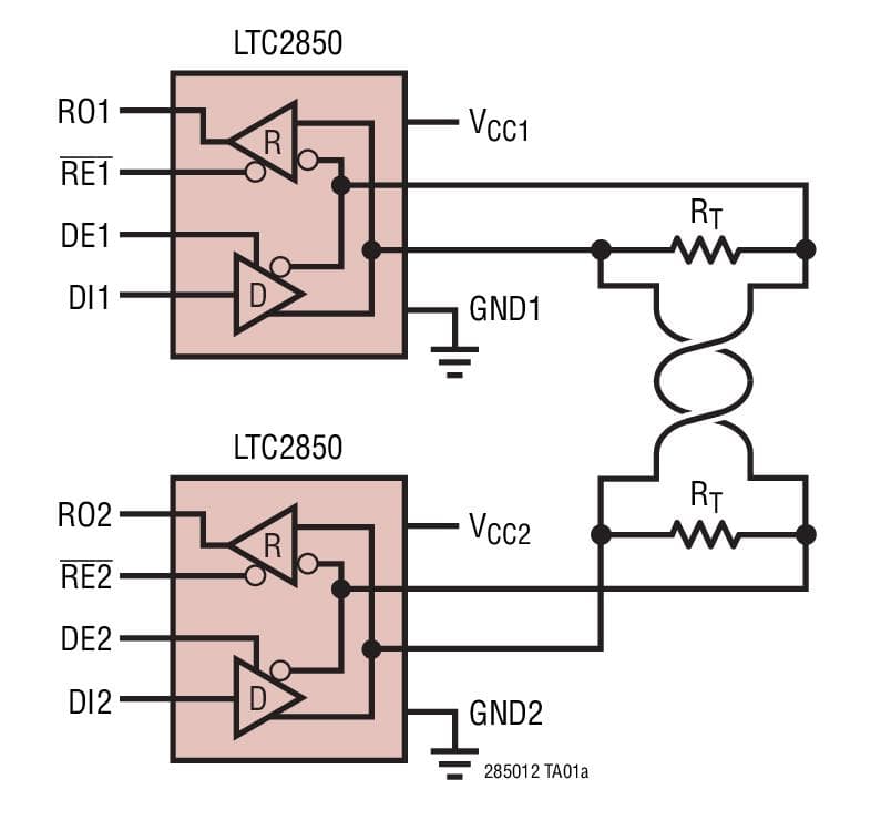 Typical Application Circuit for LTC2850, 3.3V, 20Mbps RS485/RS422 Transceiver