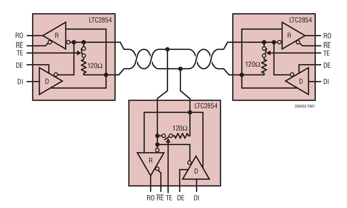 Typical Application Circuit for LTC2855, 3.3V, 20Mbps RS485/RS422 Transceiver with Integrated Switchable Termination