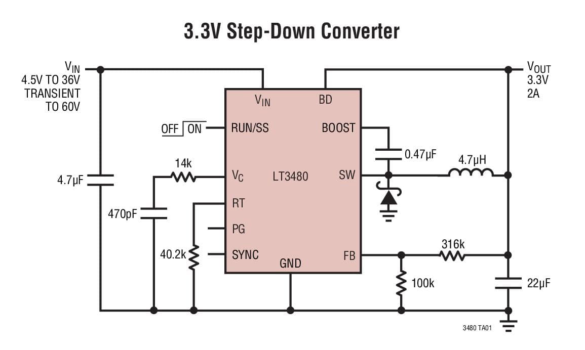 Typical Application for LT3480 - 36V, 2A, 2.4MHz Step-Down Switching Regulator with 70 uA Quiescent Current