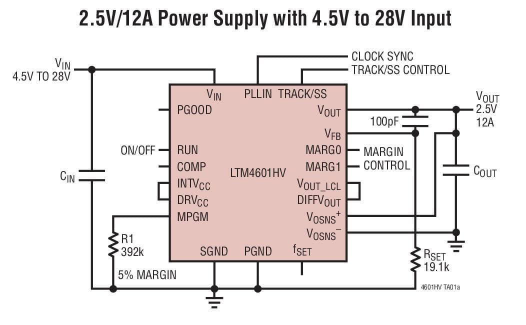 Typical Application for LTM4601HV - 12A 28VIN DC/DC module Regulator with PLL, Output Tracking and Margining