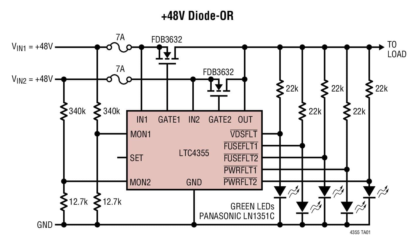 Typical Application for LTC4355 - Positive High Voltage Ideal Diode-OR with Input Supply and Fuse Monitors