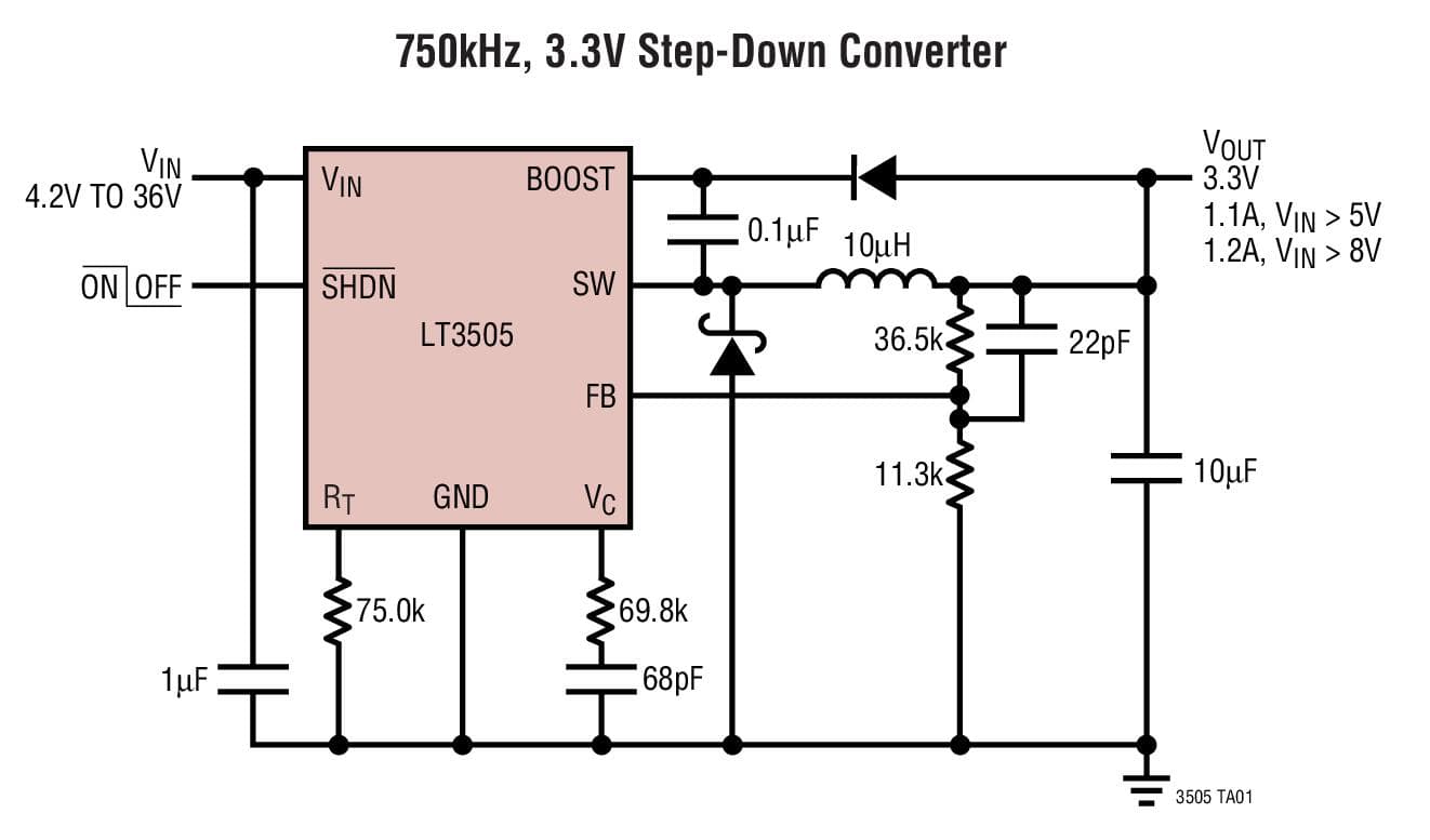 Typical Application for LT3505 - 1.2A, Step-Down Switching Regulator in 3mm x 3mm DFN